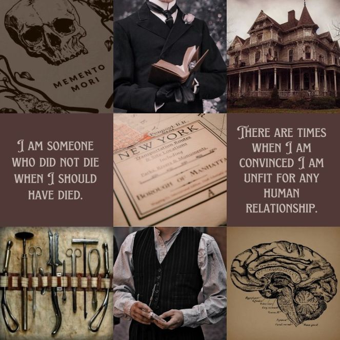 an aesthetic. it has a momento mori skull, a victorian man reading a book, a creepy Victorian house, "i am someone who did not die when I should have died," an antique map of New York, "there are times when I am convinced I am unfit for any human relationship," antique medical tools, victorina man in his shirtsleeves, an anatomical drawing of the brain