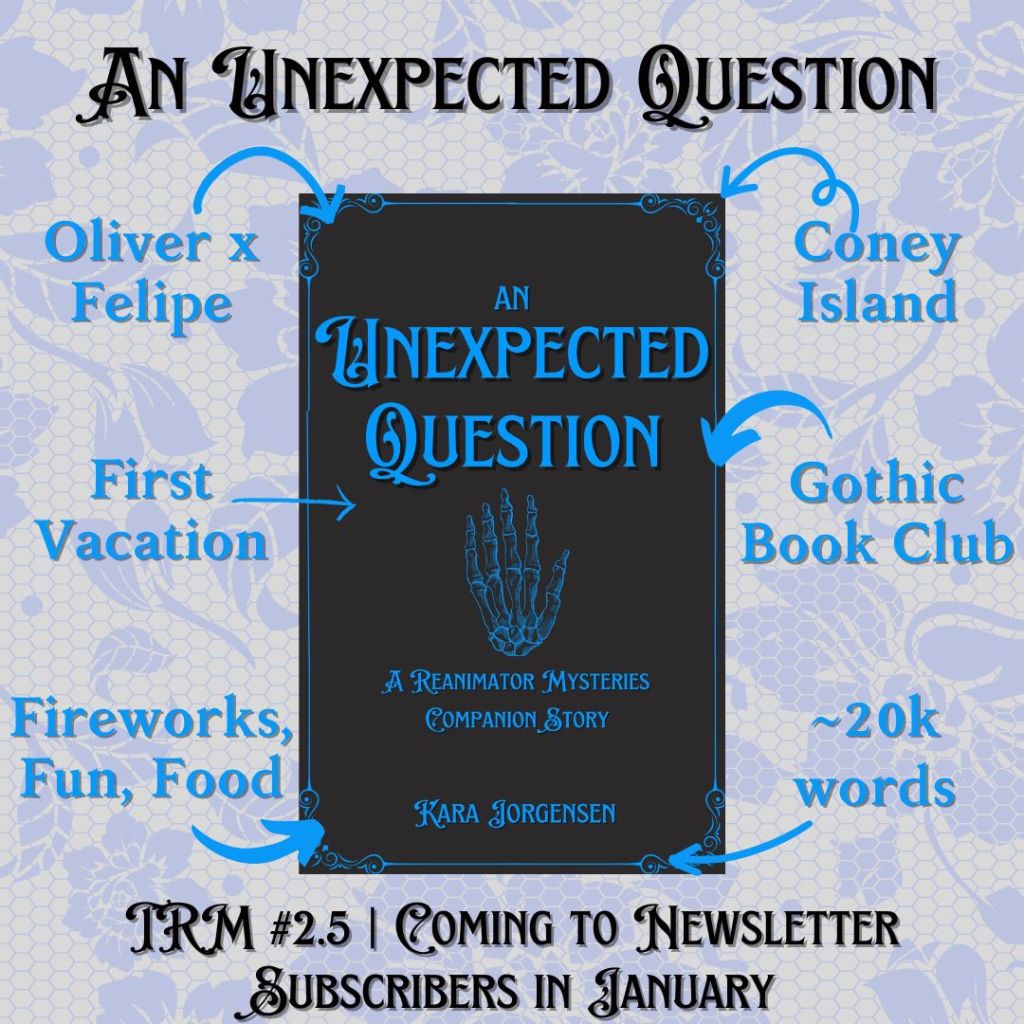An Unexpected Question by Kara Jorgensen, TRM #2.5 coming to newsletter subscribers in January.
Oliver & Felipe, Coney Island, Gothic Book club, first vacation, fireworks, fun, food, about 20k words.