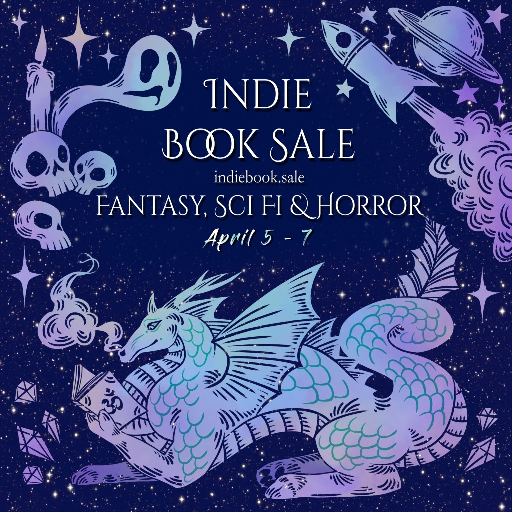 a dark blue background with purple-ish drawings of ghosts, skulls, a rocket, planets, gems, and a dragon reading a book. It says Indie book sale indiebook.sale fantasy, scifi, and horror April 5th to April 7th